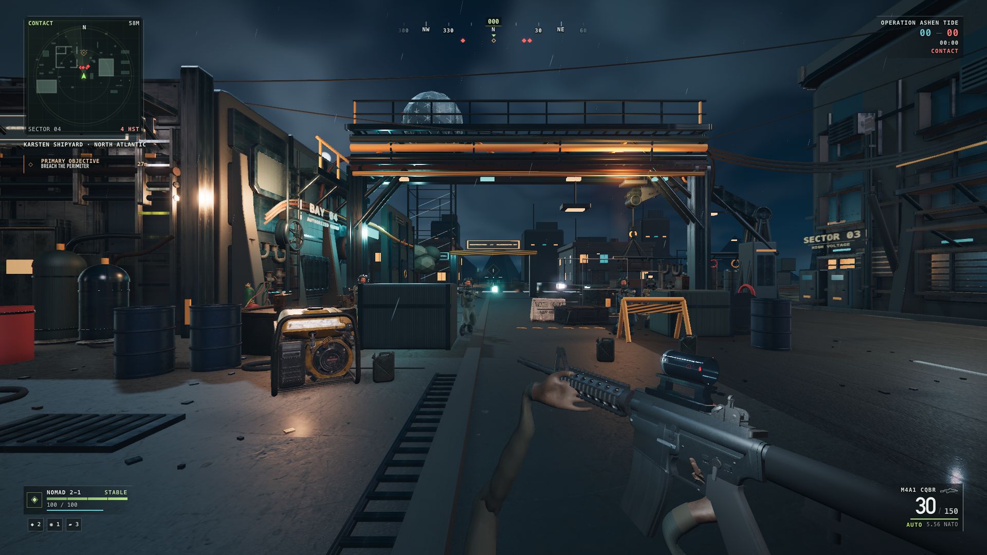 First-person view of the Astra shooter build with the weapon visible in an urban environment.